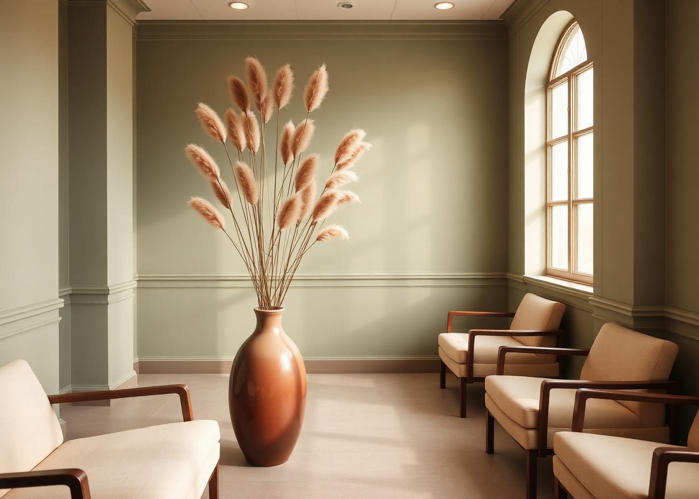 Warm, sage-toned waiting room at the practice